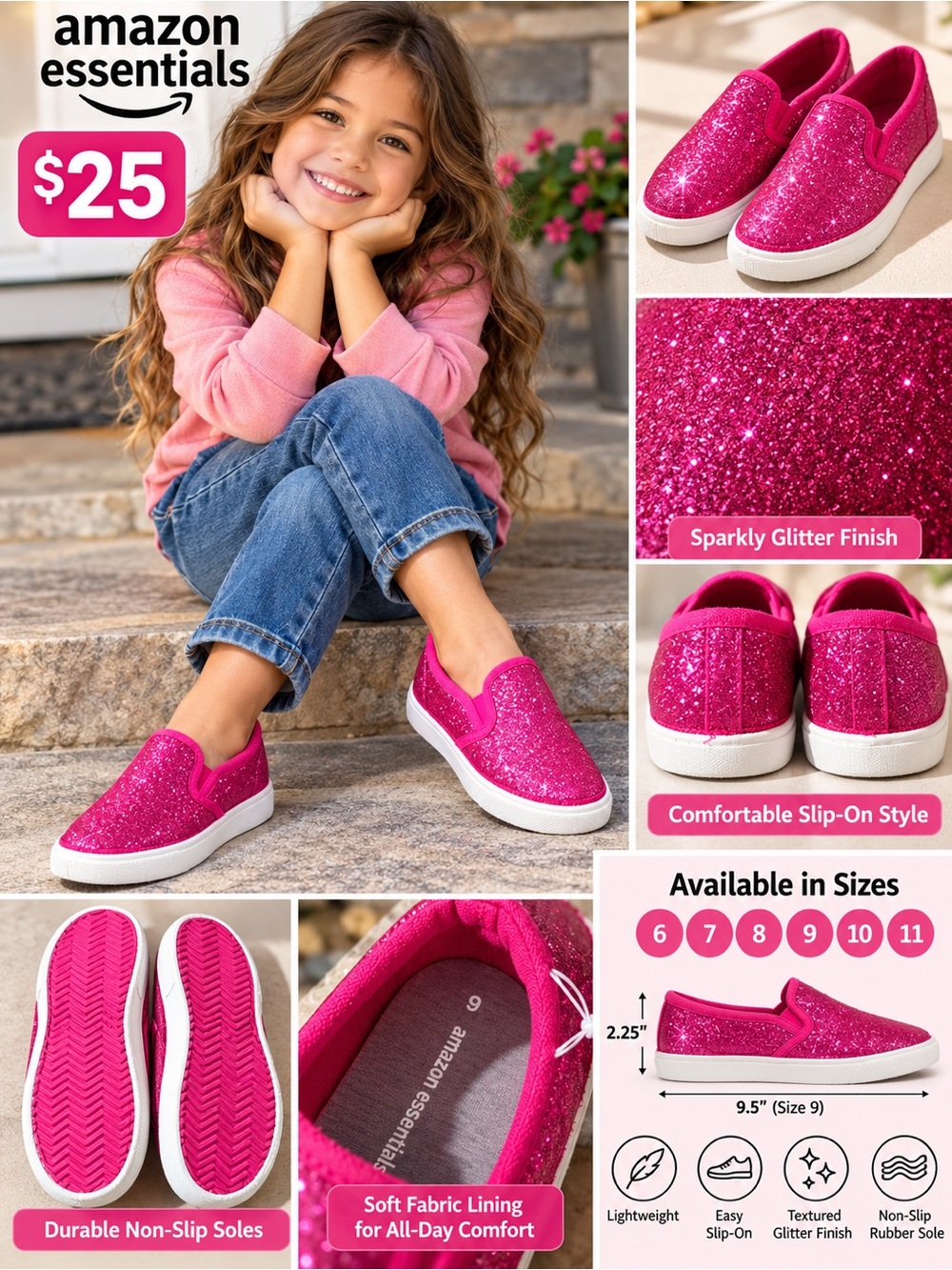 Amazon Essentials Kids Bright Pink Glitter Slip-On Sneakers